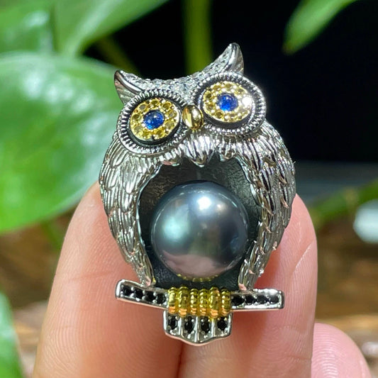 (P004) Black tahition owl pendant/S925/Sea water pearl