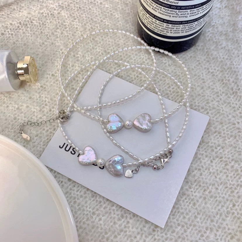 (N002)  Bow pearl necklace/heart pearl