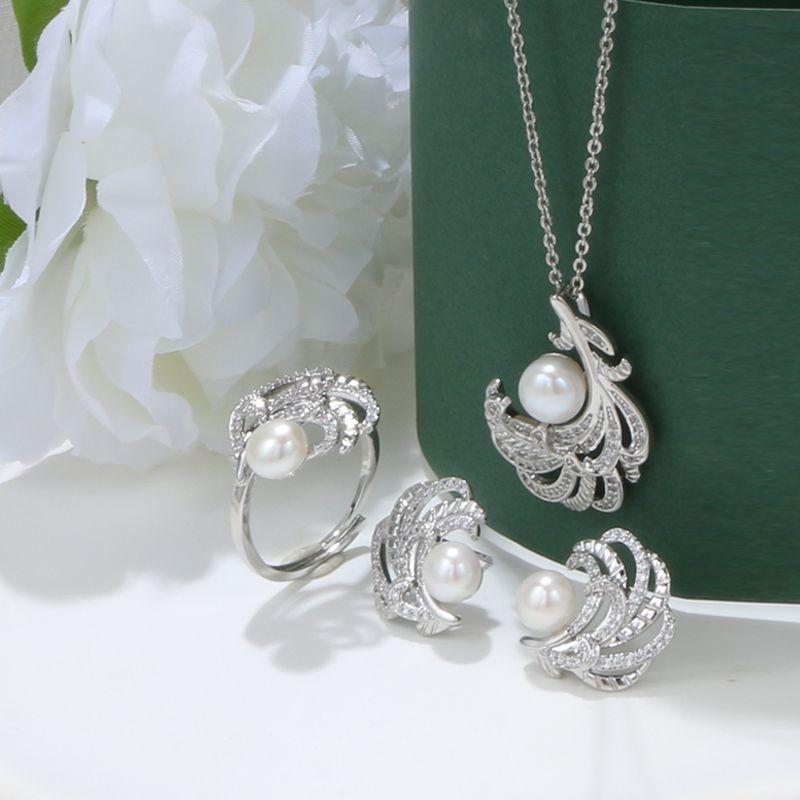 (J055)    Feather pearl set--Pendant & Earring & Ring