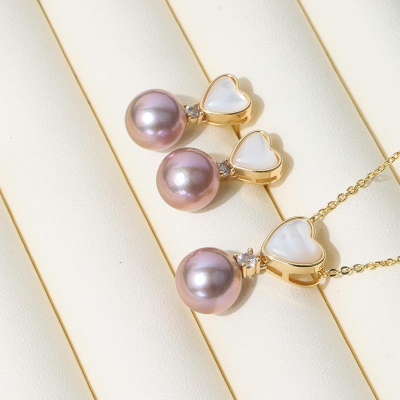 (J065)   Purple Edison Heart Shell Pearl set--Pendant & Earring stud