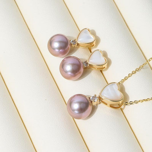 (J065)   Purple Edison Heart Shell Pearl set--Pendant & Earring stud