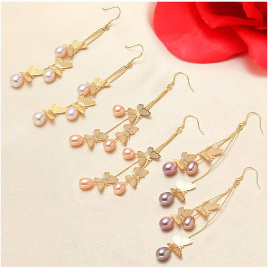 (E044) Butterfly fringe pearl stud earrings