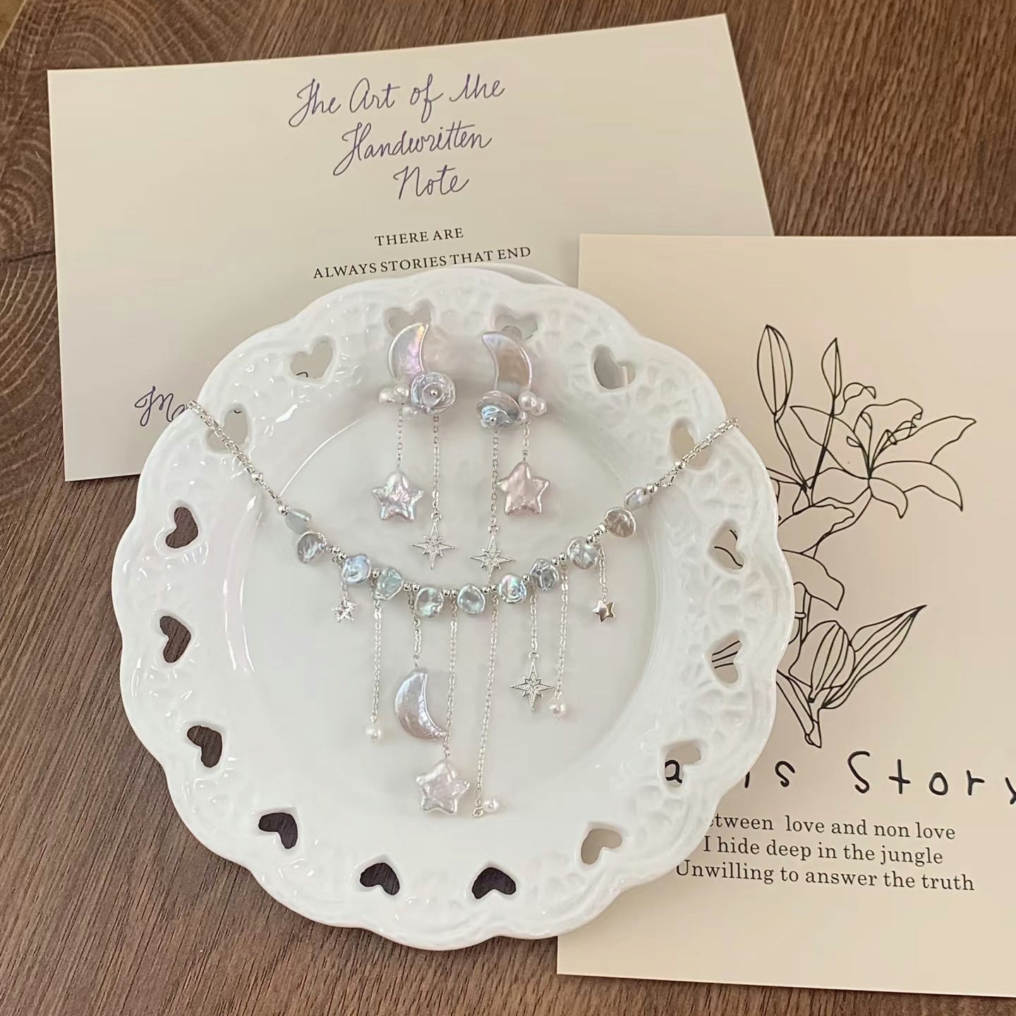 (J009)   S925 Star and moon pearl jewelry set/S925/necklace and earrings