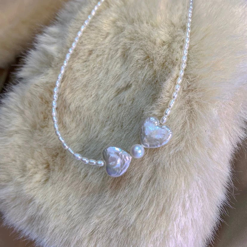 (N002)  Bow pearl necklace/heart pearl