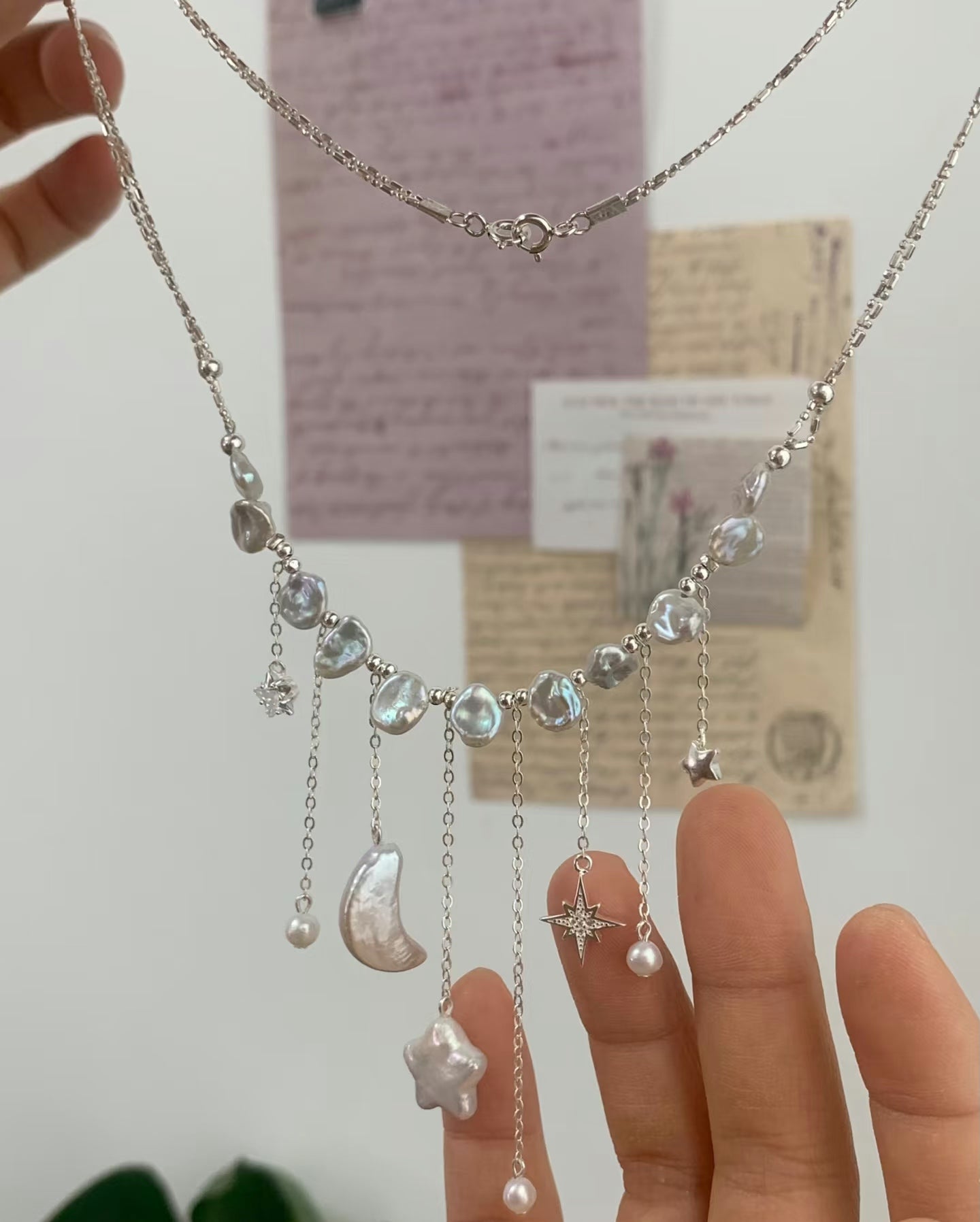 (J009)   S925 Star and moon pearl jewelry set/S925/necklace and earrings