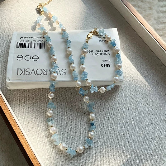 (J007)  aquamarine and pearl set/necklace & bracelet