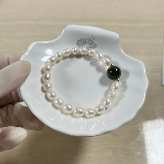 (B034) Green jade with Pearl bracelet