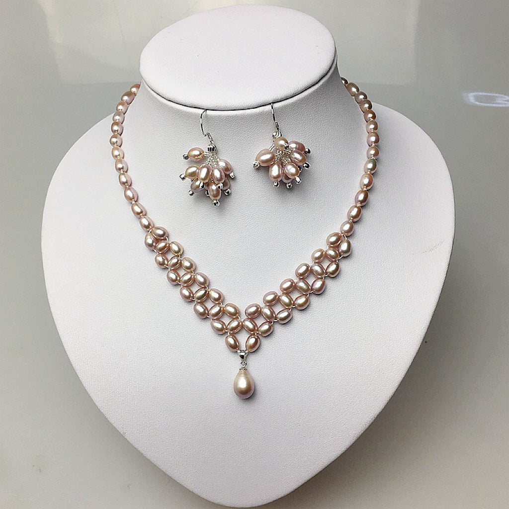 (J038)  Pearl jewelry set tassel earring & necklace