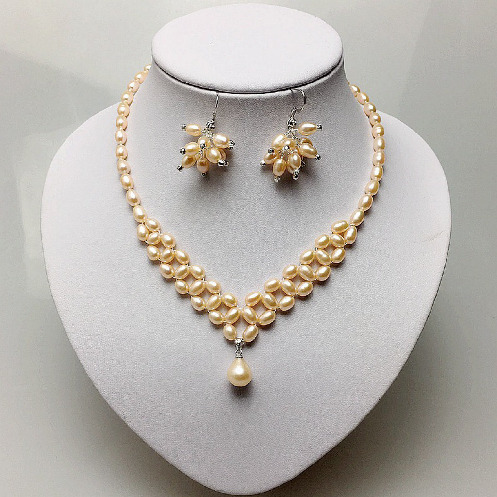 (J038)  Pearl jewelry set tassel earring & necklace