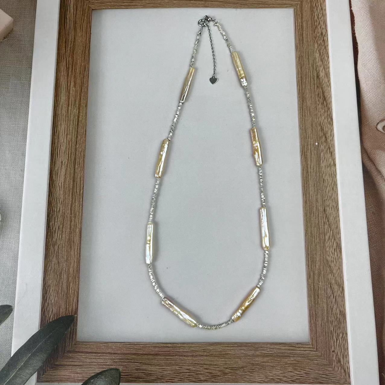 (N111)Silver Gold bar Pearl necklace