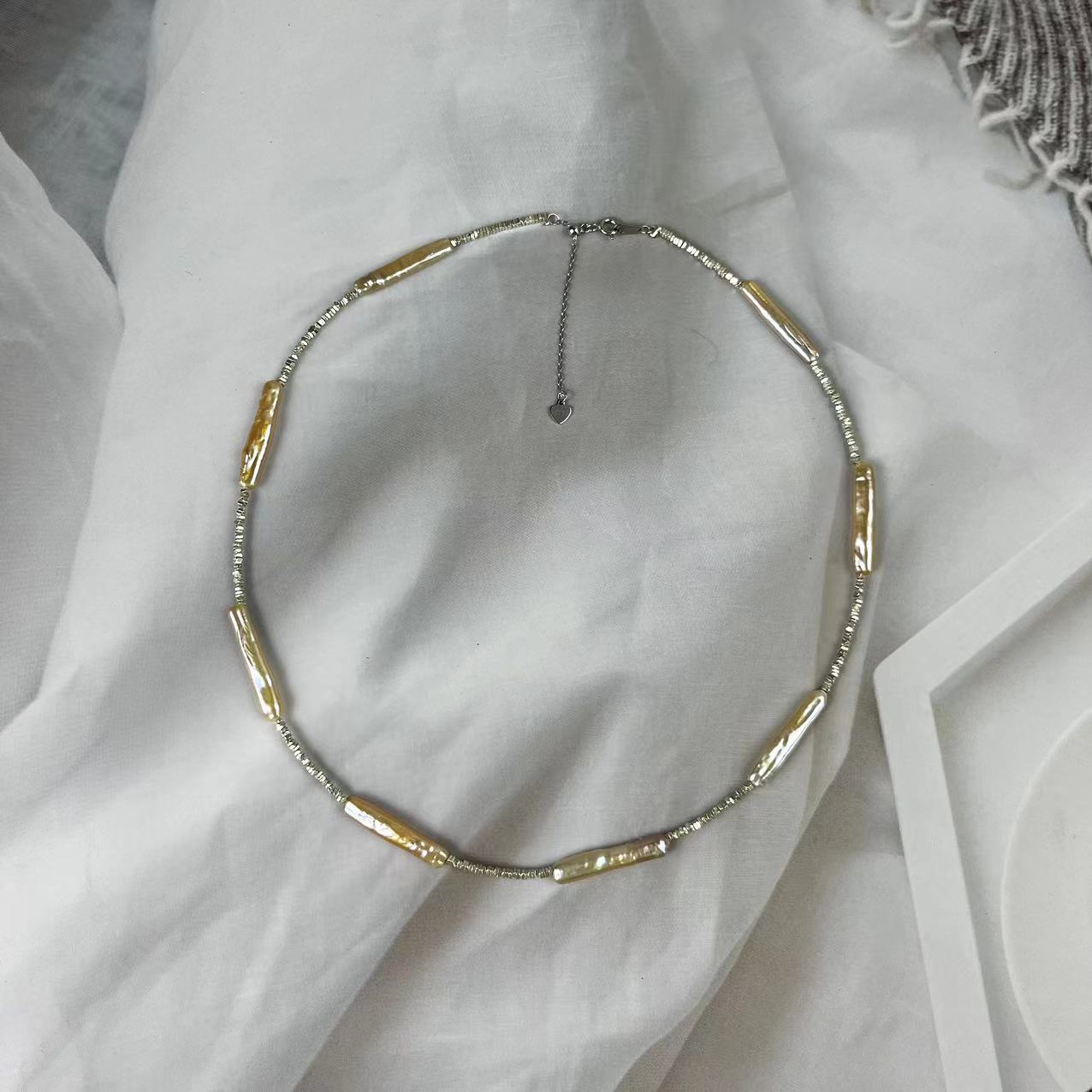 (N111)Silver Gold bar Pearl necklace