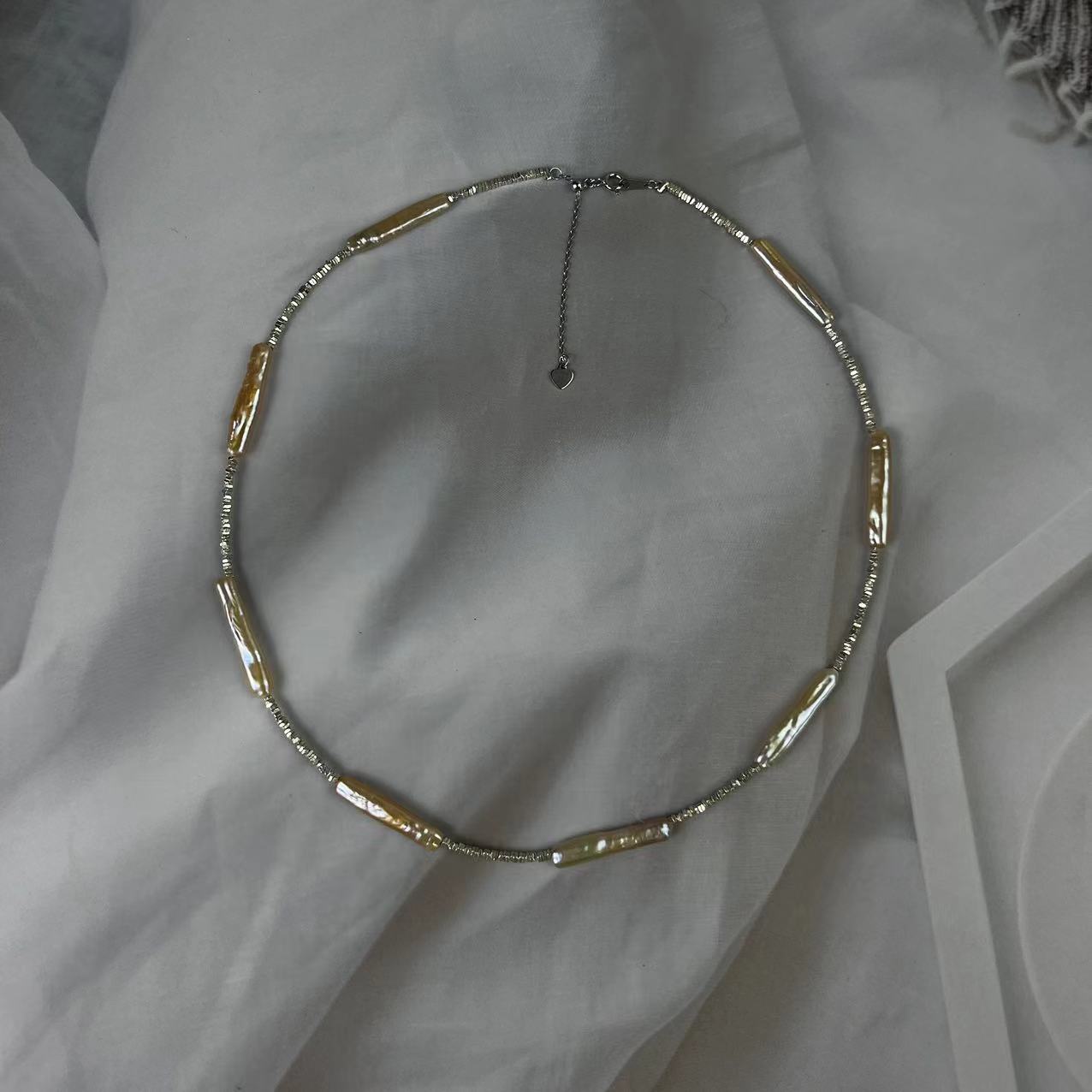 (N111)Silver Gold bar Pearl necklace