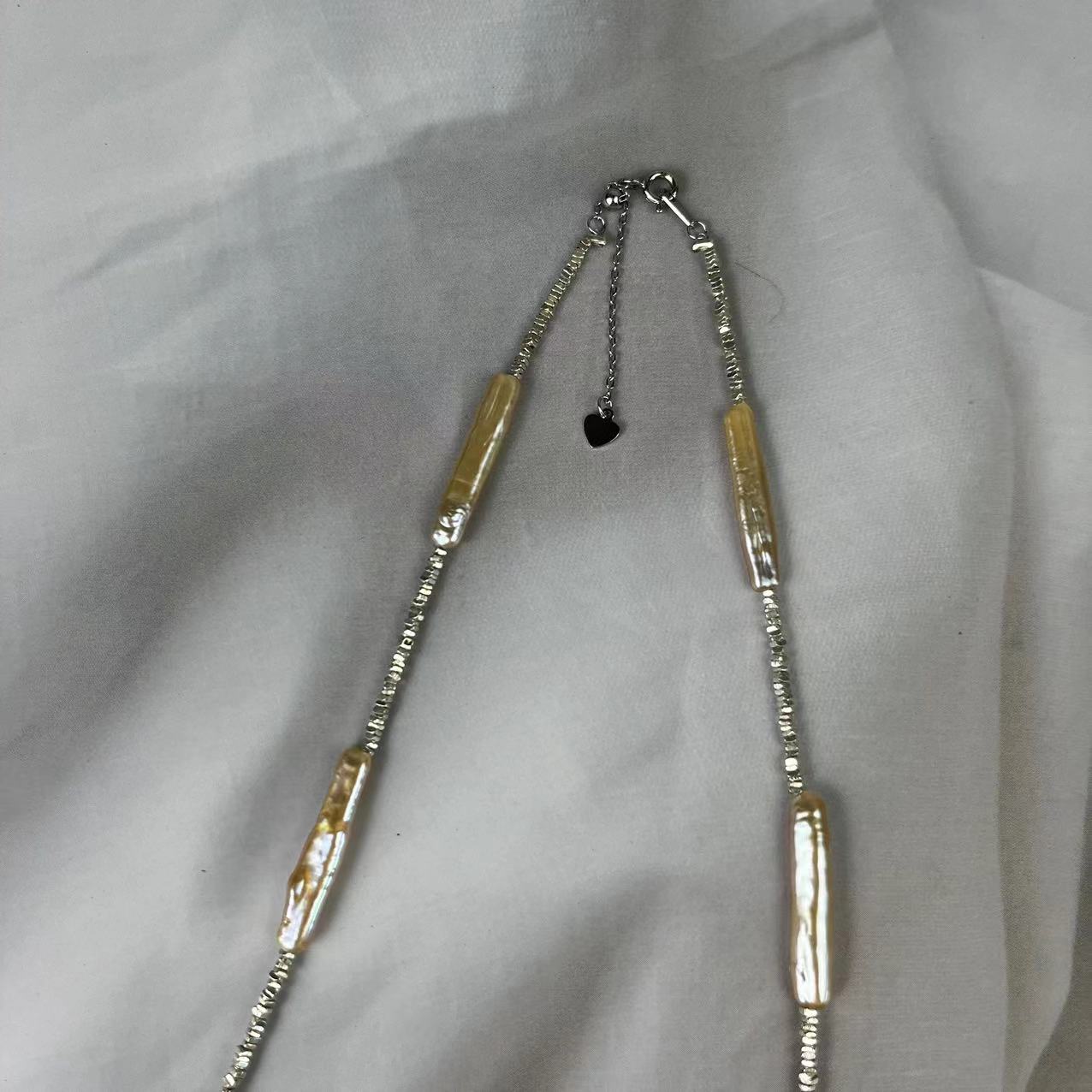 (N111)Silver Gold bar Pearl necklace