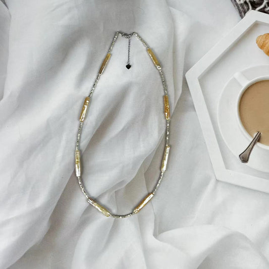 (N111)Silver Gold bar Pearl necklace