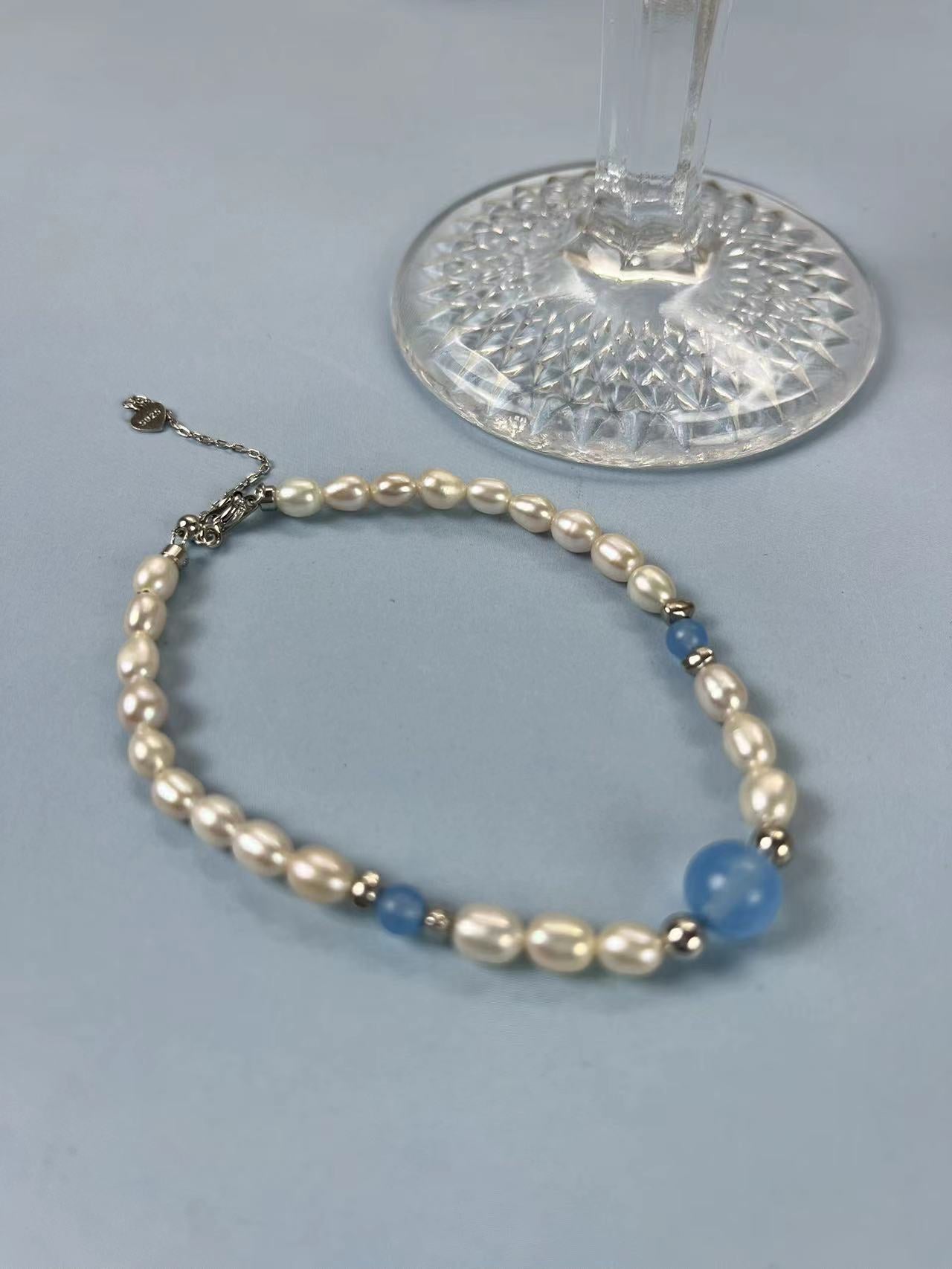 (J013)  S925 Silver Aquamarine Pearl set