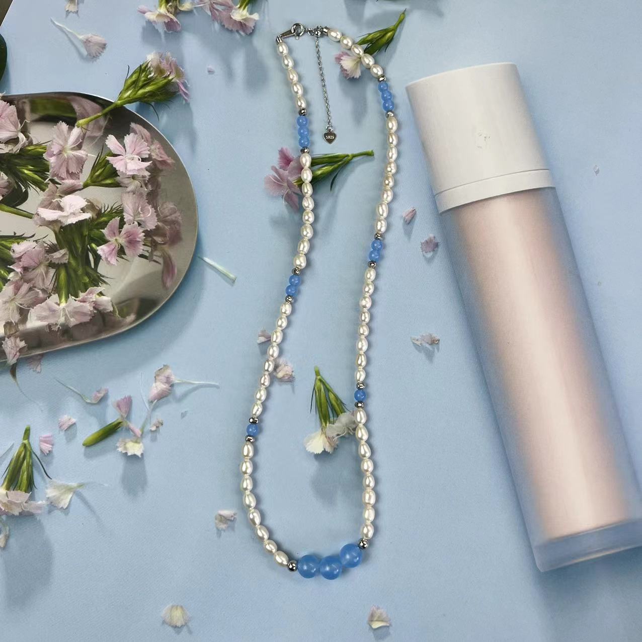 (J013)  S925 Silver Aquamarine Pearl set