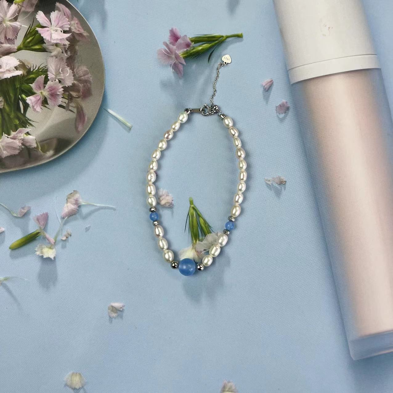 (J013)  S925 Silver Aquamarine Pearl set