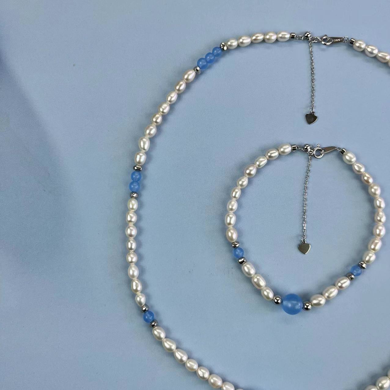 (J013)  S925 Silver Aquamarine Pearl set
