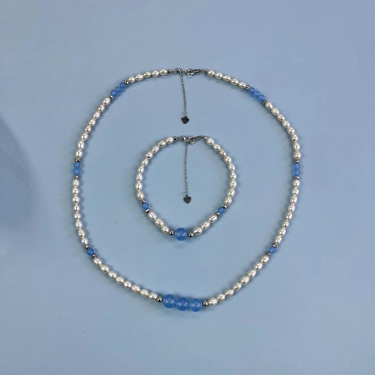(J013)  S925 Silver Aquamarine Pearl set
