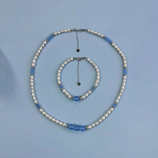(J013)  S925 Silver Aquamarine Pearl set