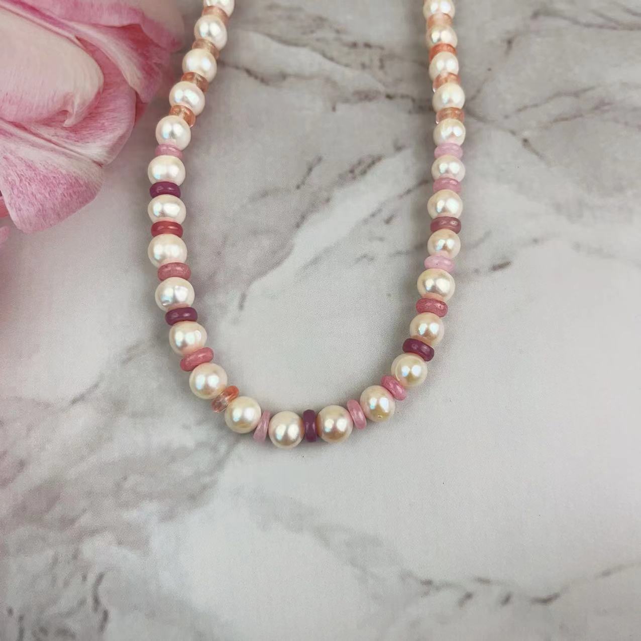 (N077)Pearl and crystal long necklace