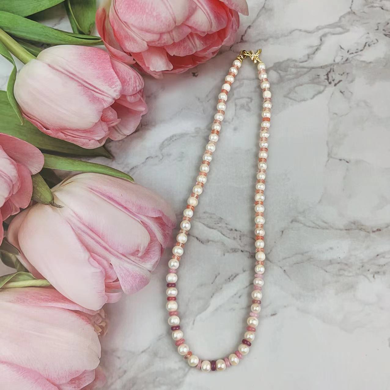 (N077)Pearl and crystal long necklace