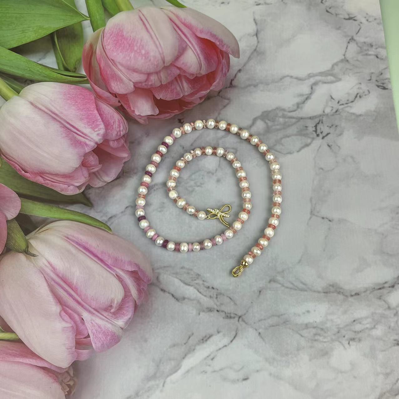 (N077)Pearl and crystal long necklace