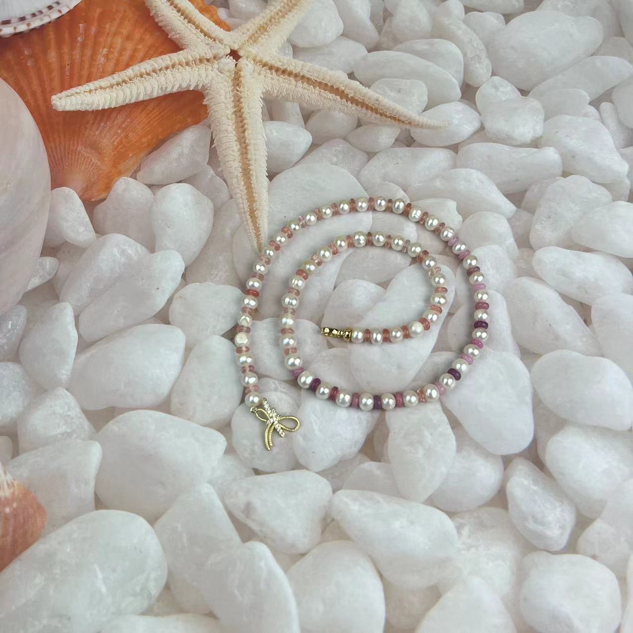 (N077)Pearl and crystal long necklace