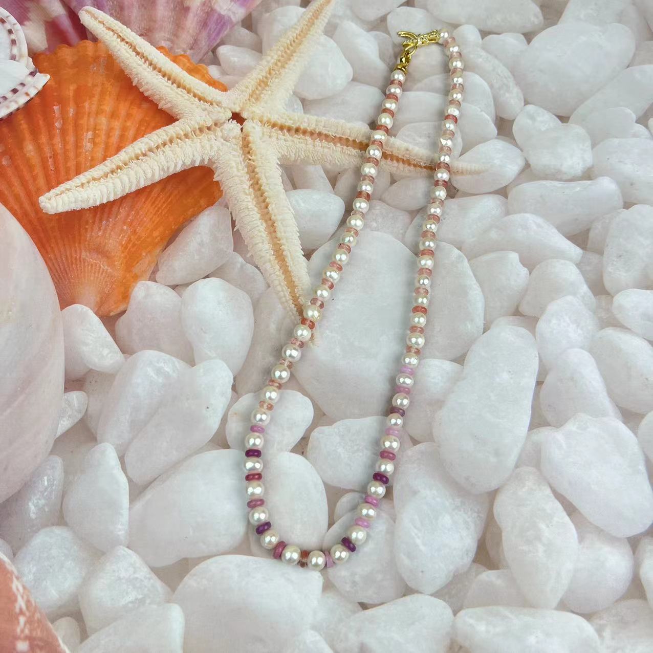 (N077)Pearl and crystal long necklace