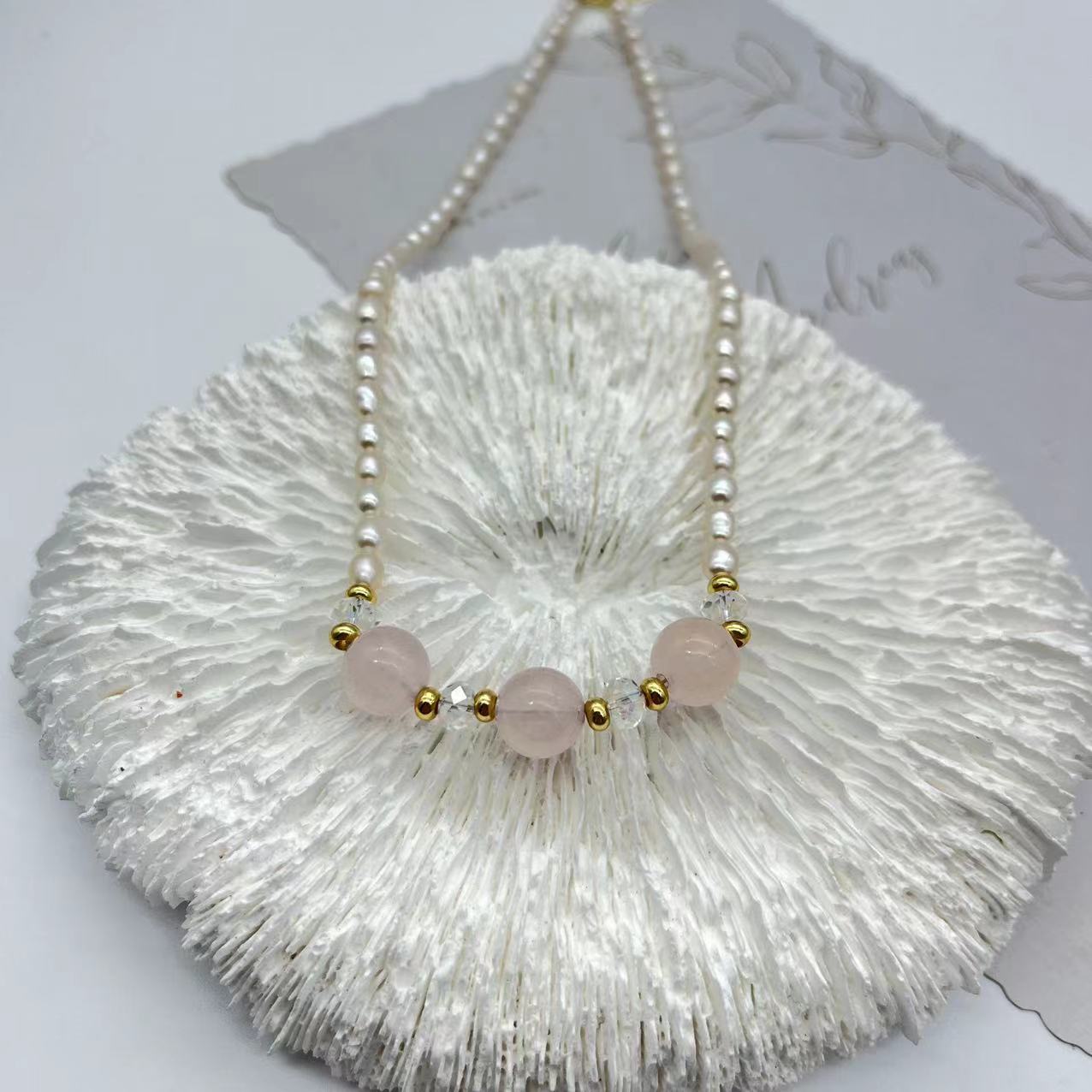 (N104)Pink crystal pearl necklace