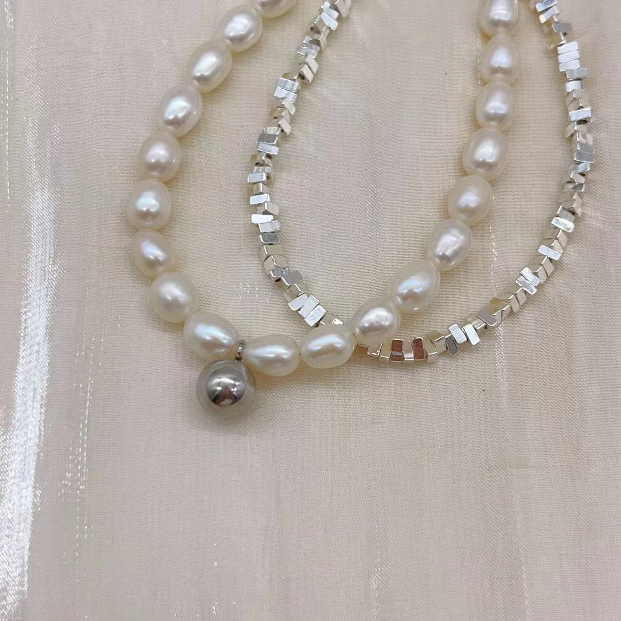 (B050) Double-deck Double pearl and keshi bead bracelet