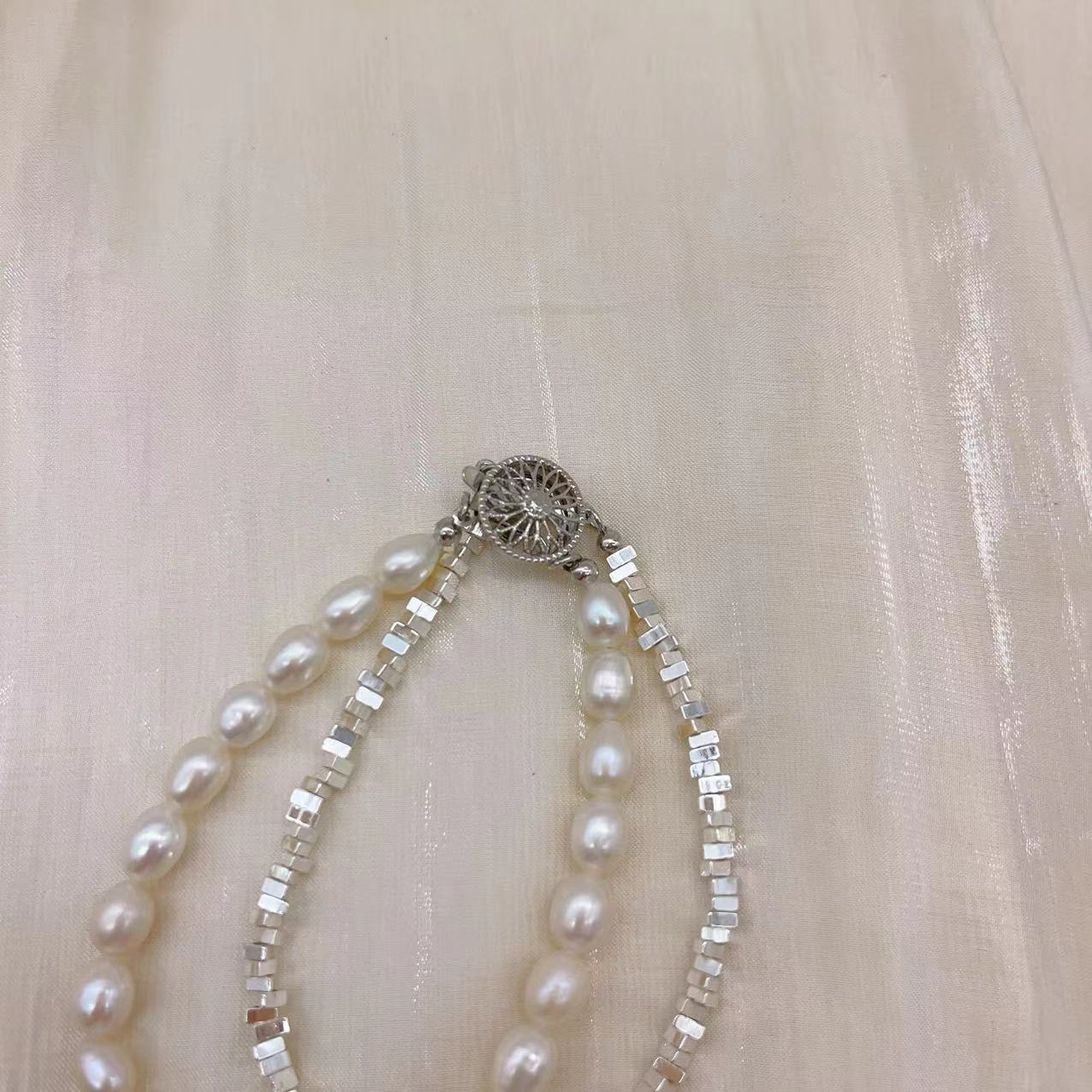 (B050) Double-deck Double pearl and keshi bead bracelet