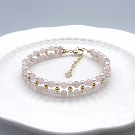(B015) Rose quartz akoya pearl bracelet