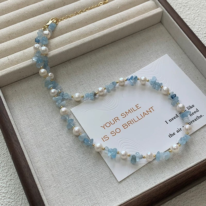 (J007)  aquamarine and pearl set/necklace & bracelet