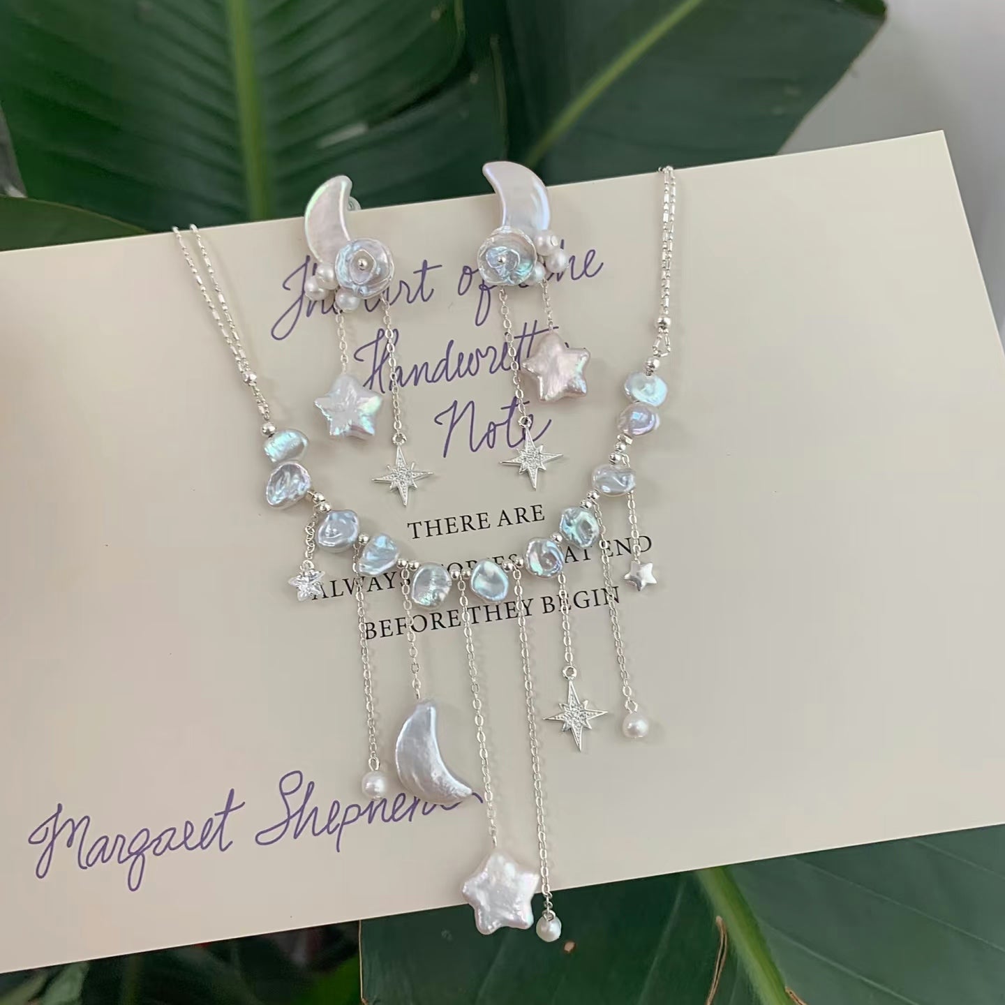 (J009)   S925 Star and moon pearl jewelry set/S925/necklace and earrings