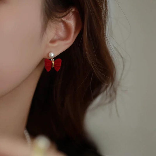 (E078)Red bow pearl Earring stud
