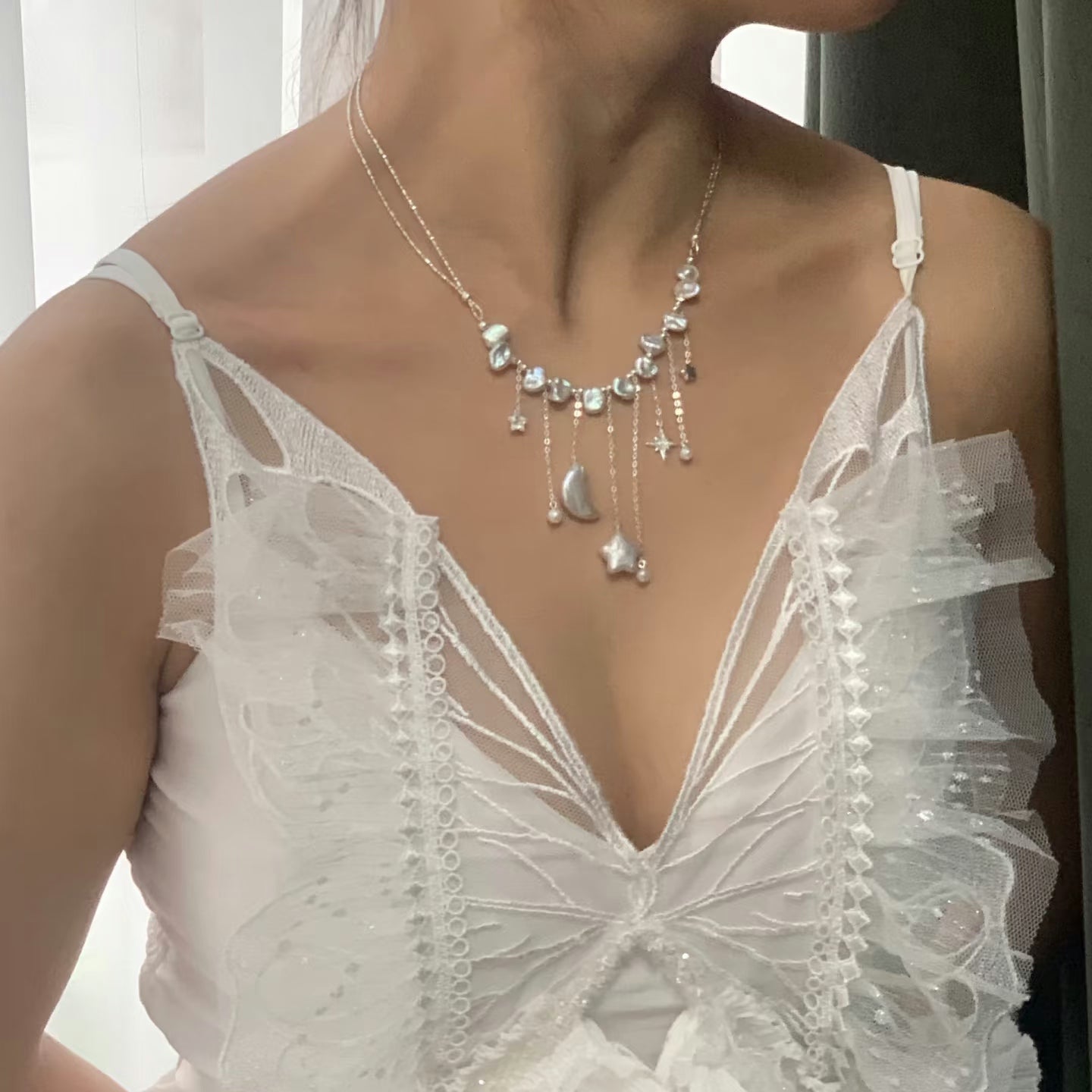 (J009)   S925 Star and moon pearl jewelry set/S925/necklace and earrings