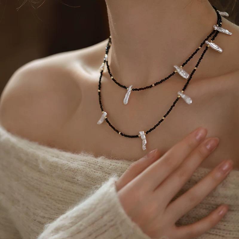 (N007)Bar pearl necklace/long black necklace