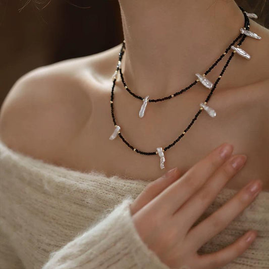 (N007)Bar pearl necklace/long black necklace