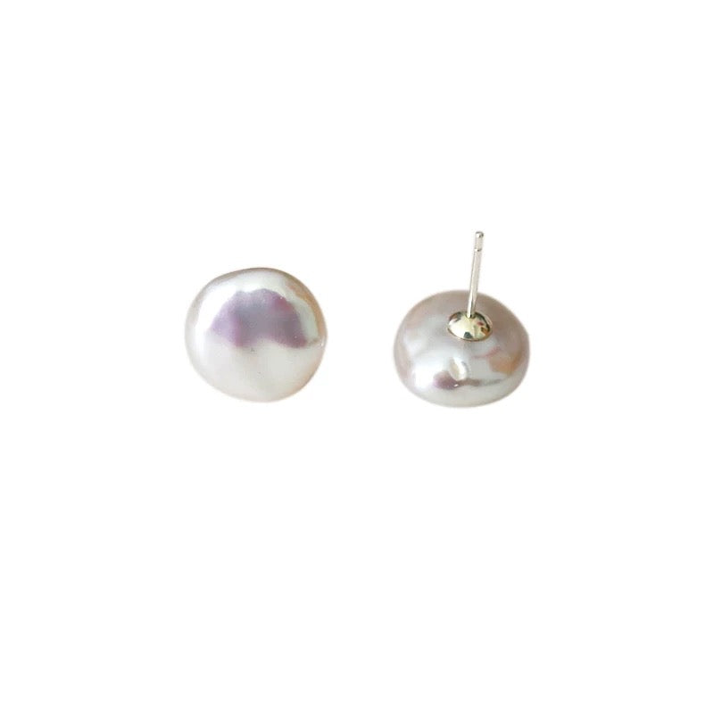 (E058) Button Pearl sterling silver stud earrings Hard Light