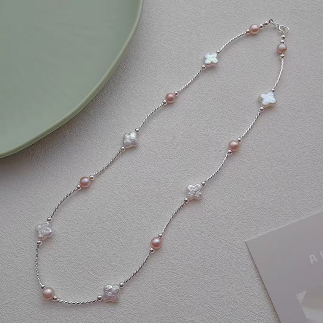 (N027)Clover pearl necklace/Handmade Pearl Necklace/Real Pearl Necklace