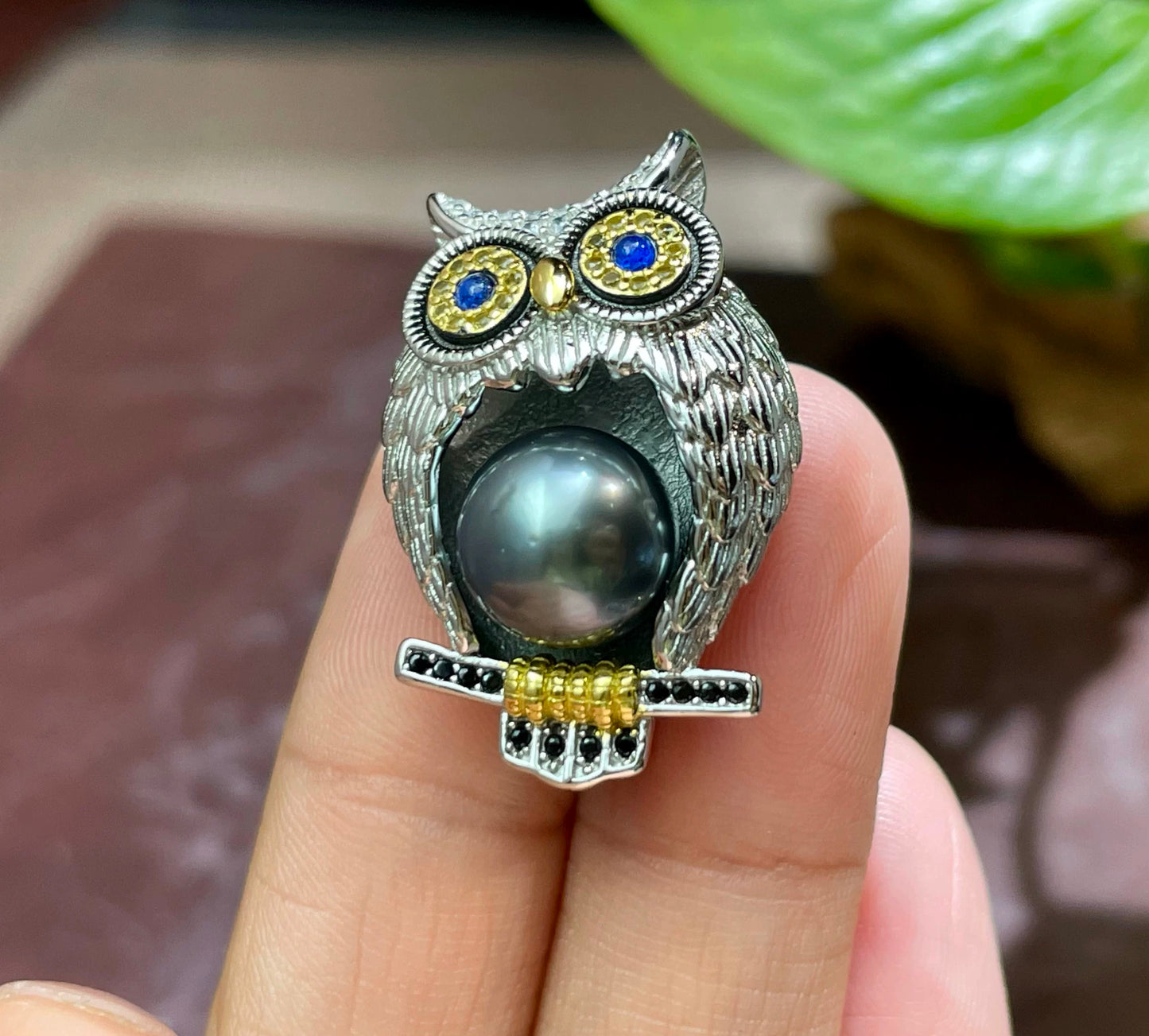 (P004) Black tahition owl pendant/S925/Sea water pearl