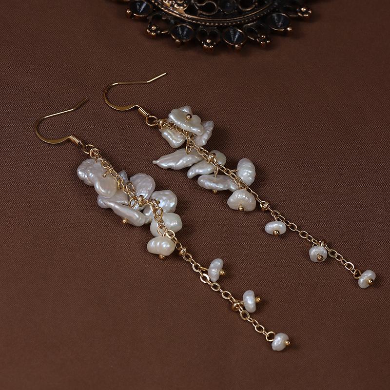 (E070)Keshi pearl tassel pearl stud earrings