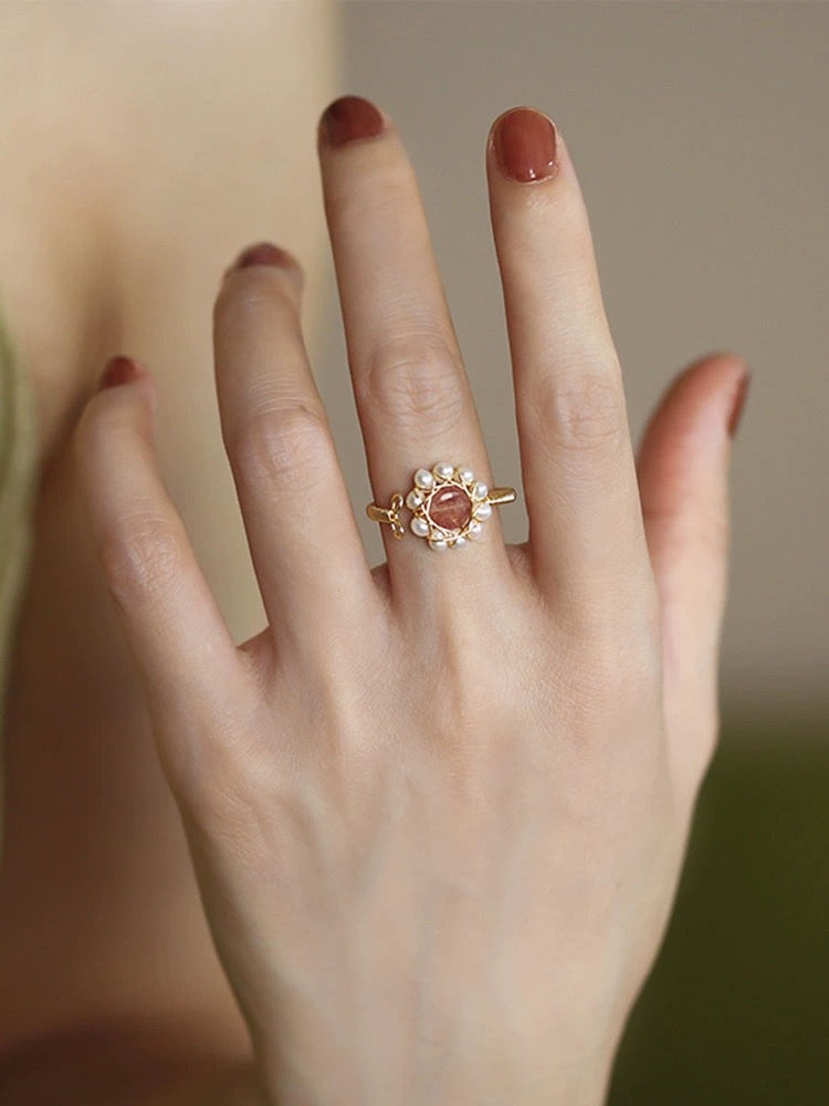 R35 Pearl & Red agate ring/ fresh water pearl  Birthday Anniversary Wedding Engagement Auspicious gift