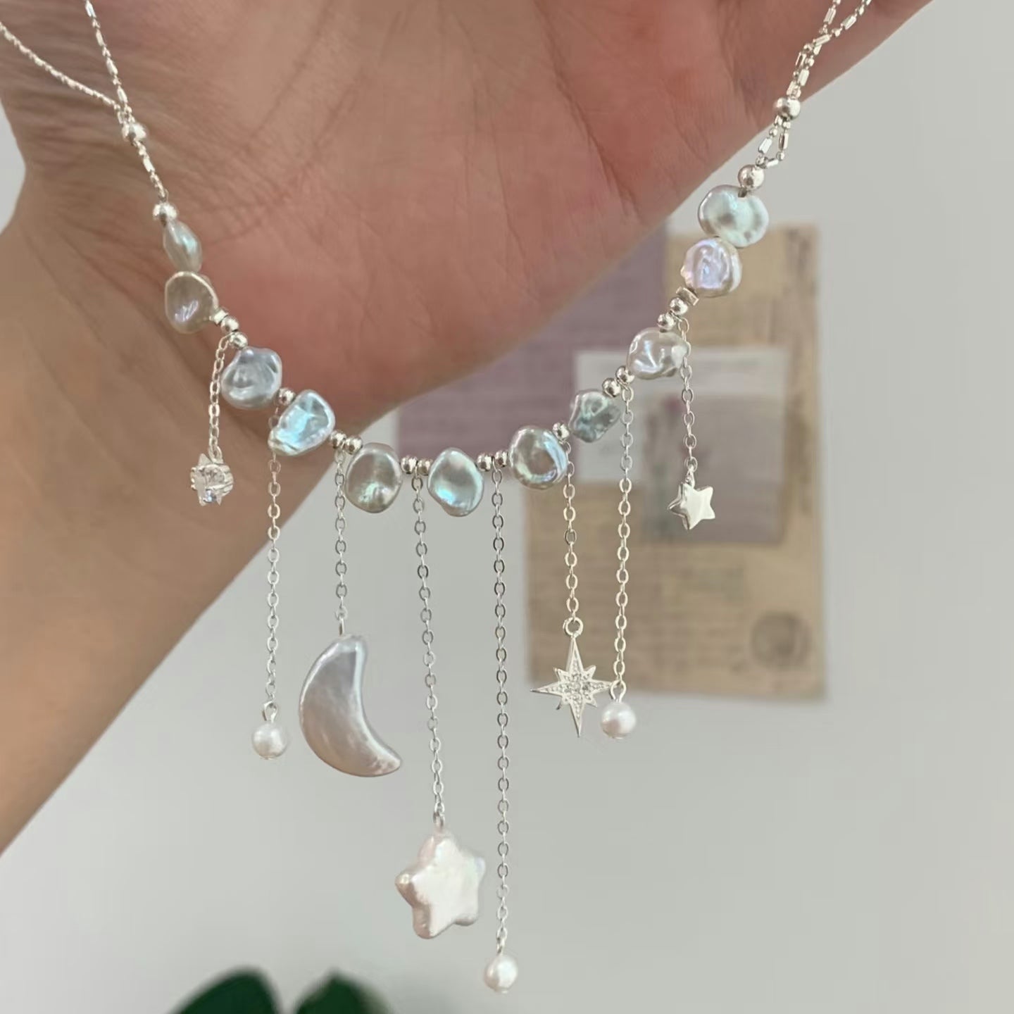 (J009)   S925 Star and moon pearl jewelry set/S925/necklace and earrings