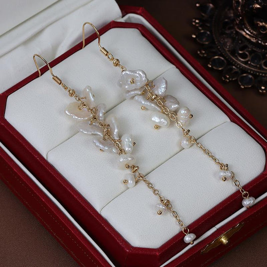 (E070)Keshi pearl tassel pearl stud earrings