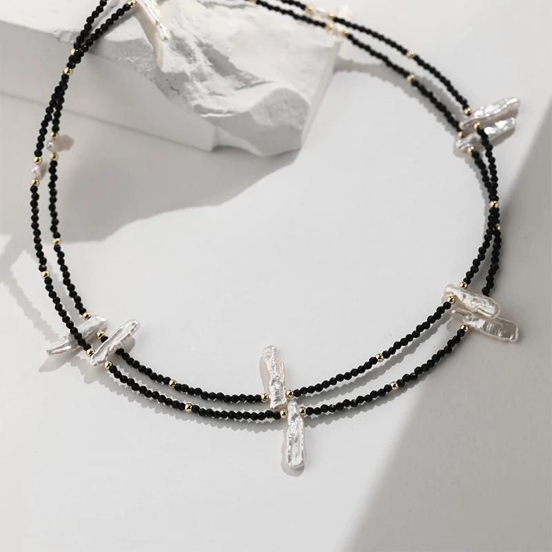 (N007)Bar pearl necklace/long black necklace