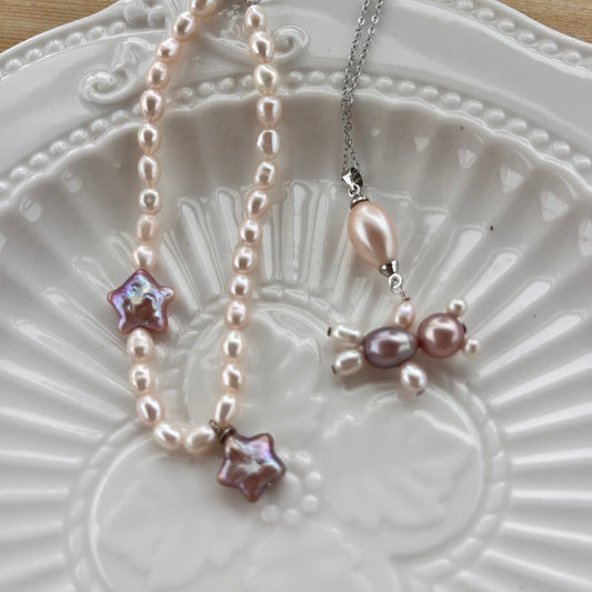 (J069)  Oval & star  pearl set(pendant and bracelet)