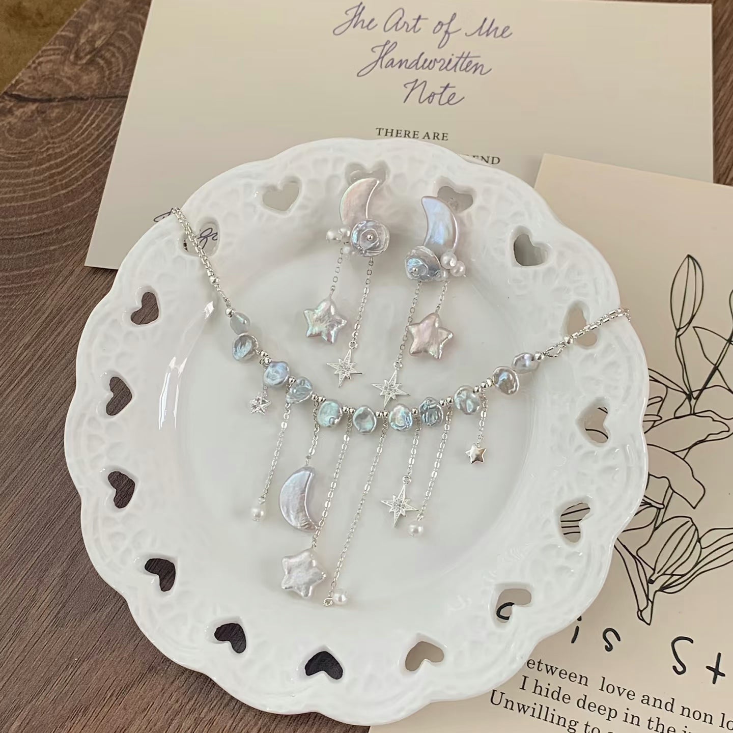 (J009)   S925 Star and moon pearl jewelry set/S925/necklace and earrings