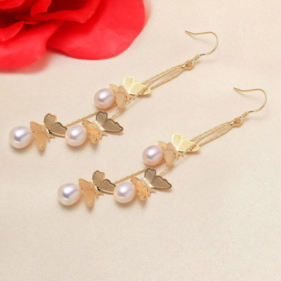 (E044) Butterfly fringe pearl stud earrings